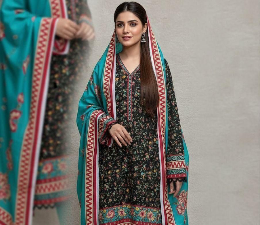 ZZ. Collection: Khaddar Black & Deep Teal Printed 3-Piece Suit (Winter Collection) (Bin Saeed) (K1006)