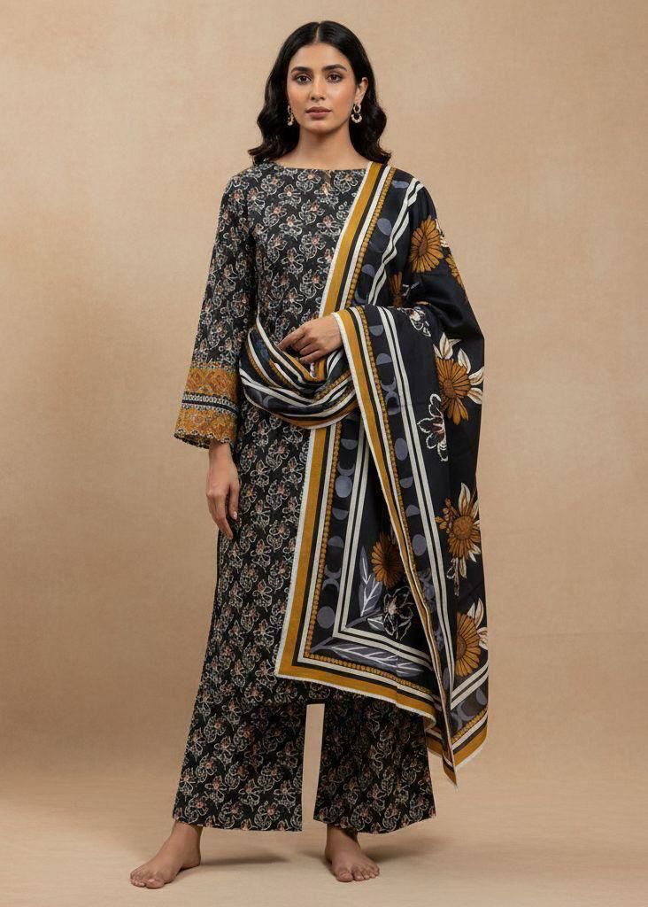 ZZ. Collection: Khaddar Black, Grey & Ochre Printed 3-Piece Suit (Winter Collection) (Bin Saeed) (K1008)