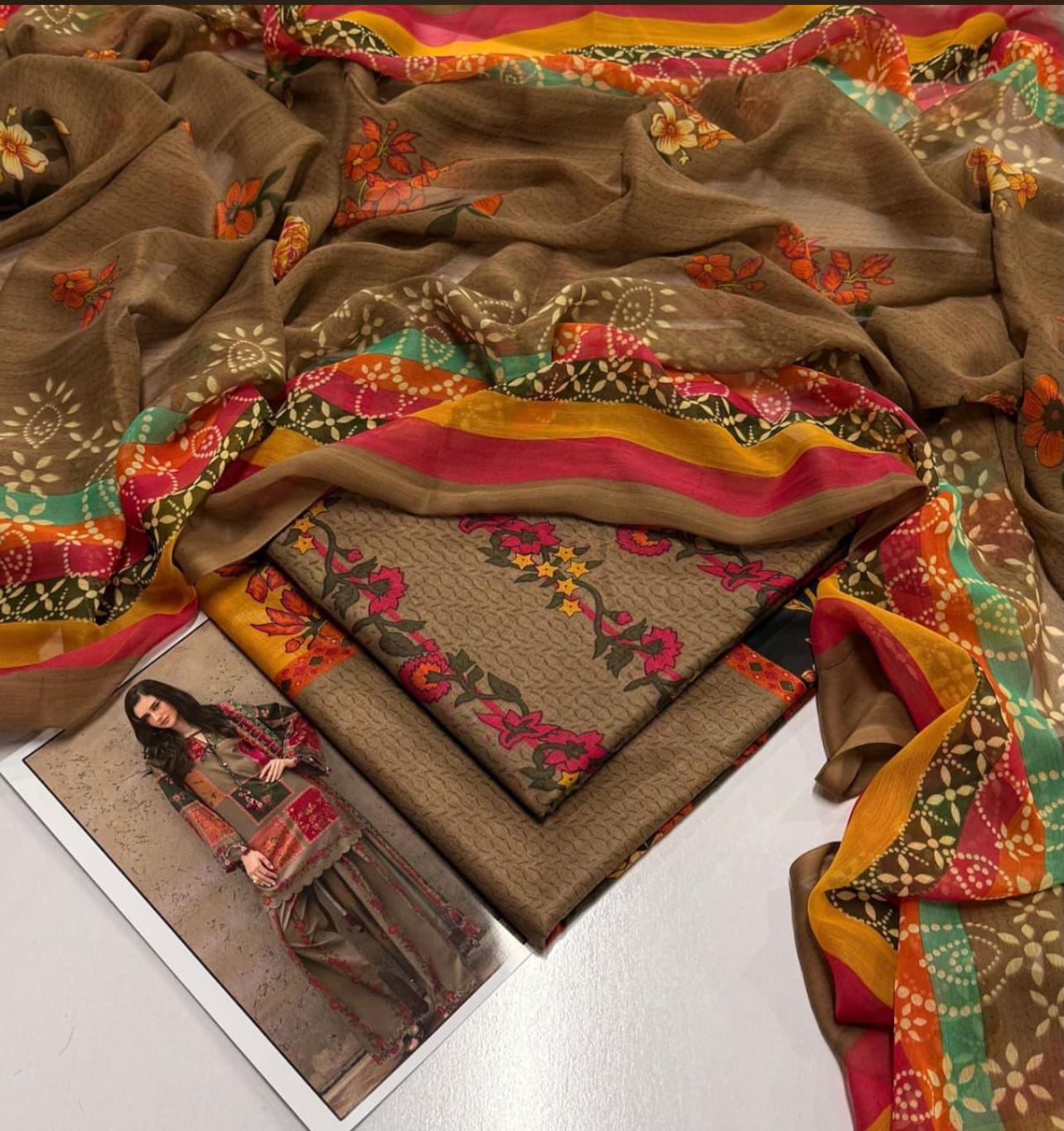 Zz. Collection: Earthy Mosaic Printed Lawn 3-piece Unstitched suit (Zahra Zimal)