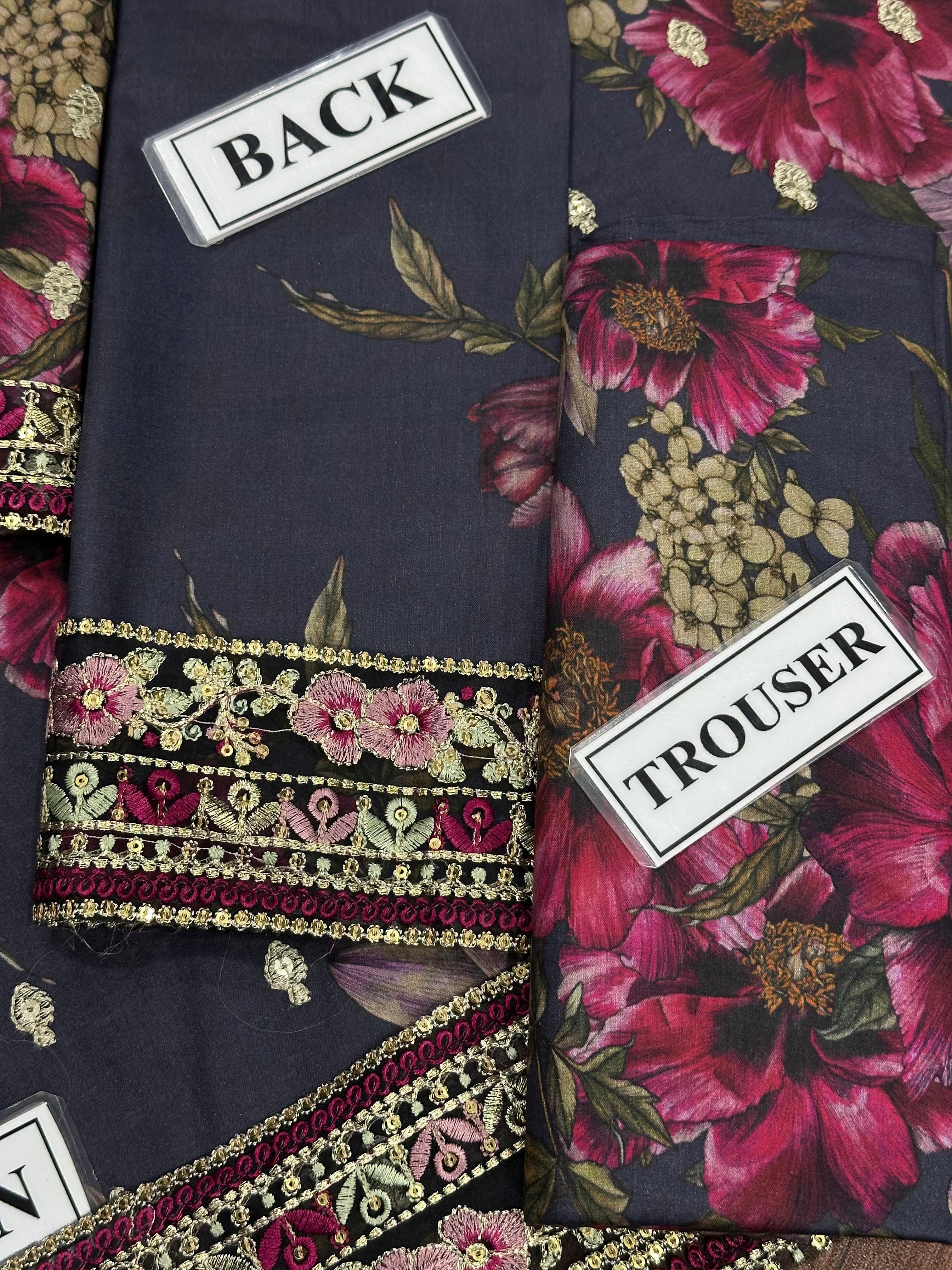 Zahra Zimal - Lawn 3-piece Unstitched suit - Midnight Flora Embroidered Digital