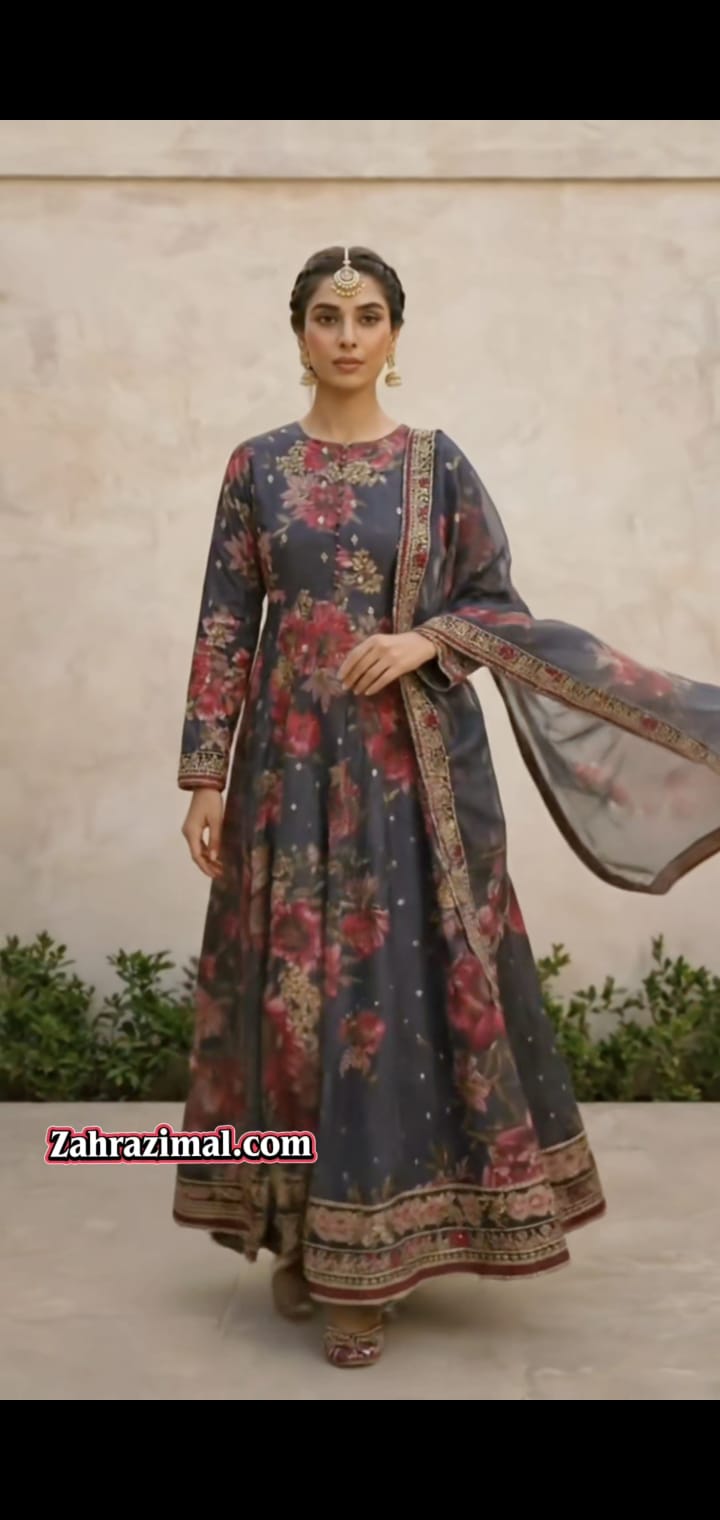 Zahra Zimal - Lawn 3-piece Unstitched suit - Midnight Flora Embroidered Digital