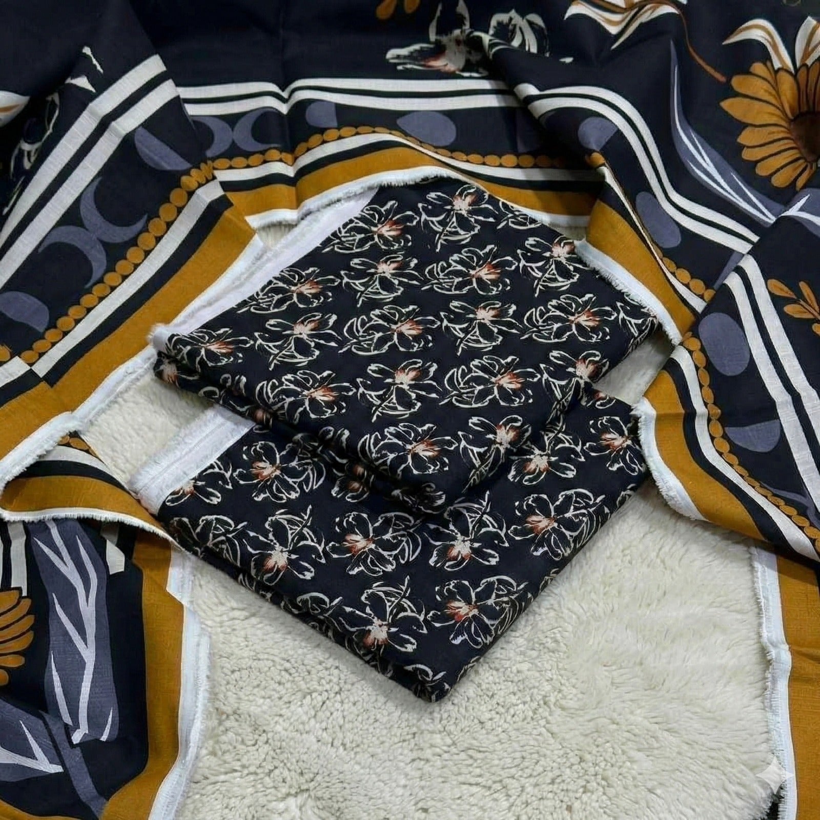 ZZ. Collection: Khaddar Black, Grey & Ochre Printed 3-Piece Suit (Winter Collection) (Bin Saeed) (K1008)