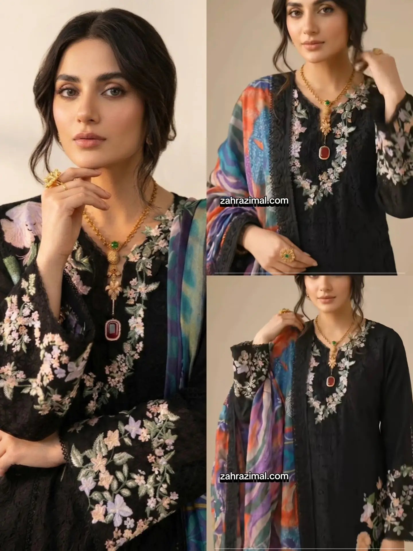 Zahra Zimal: Black Chikankari Luxury Embroidered Lawn & Silk 3 Piece Suit