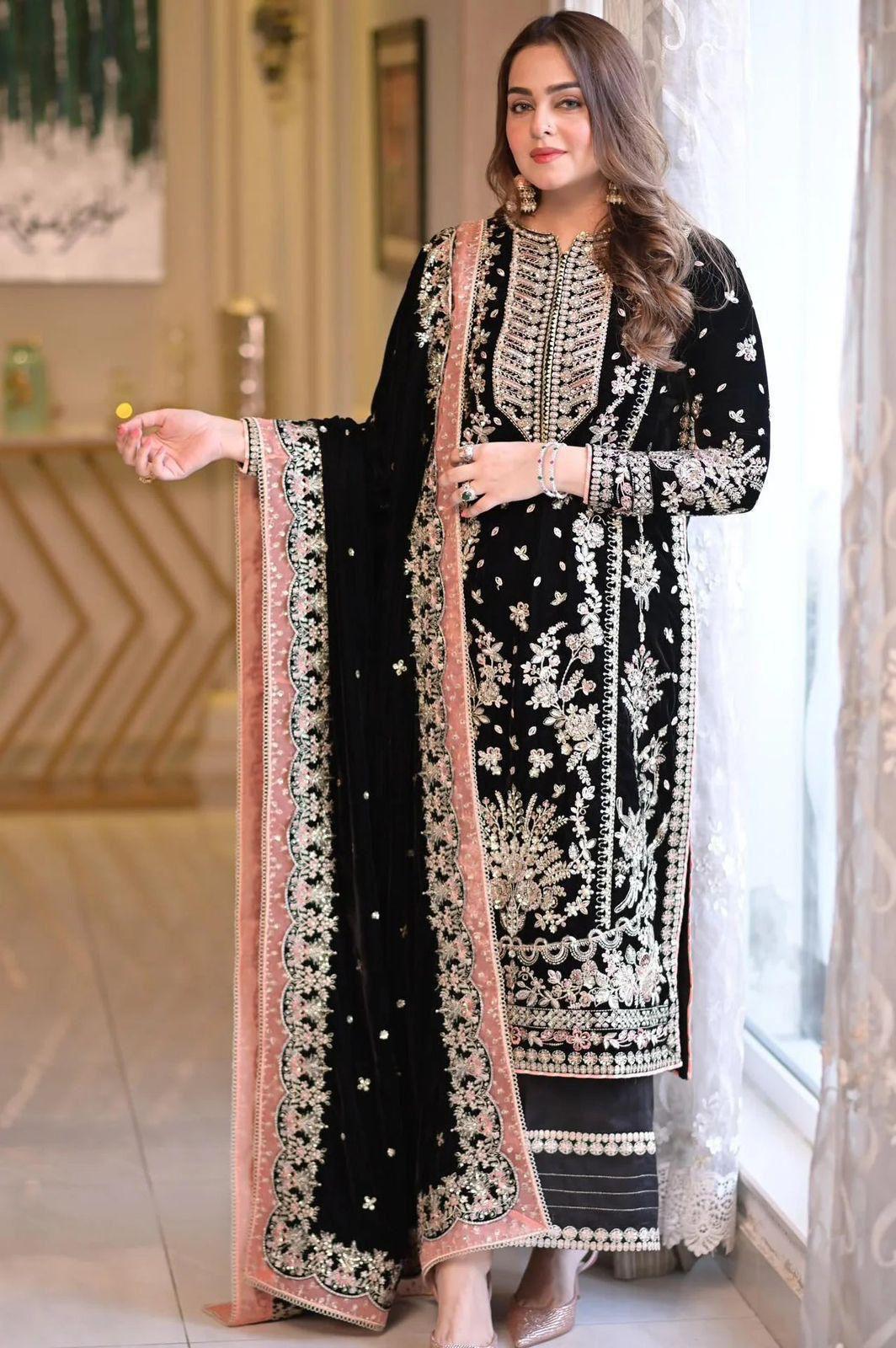 Aneela Black Diamond unstitched black velvet piece suit with heavy embroidery and sequence work