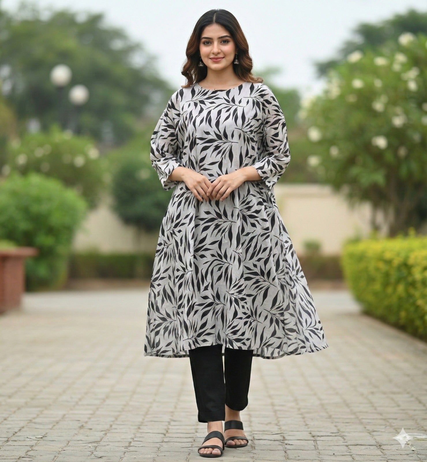 Zahra Zimal ZZ. Collection - Lawn (Black & White Monochrome Leaf) 2-Piece Suit (Summer Collection) - Digital Printed) (BL-01)