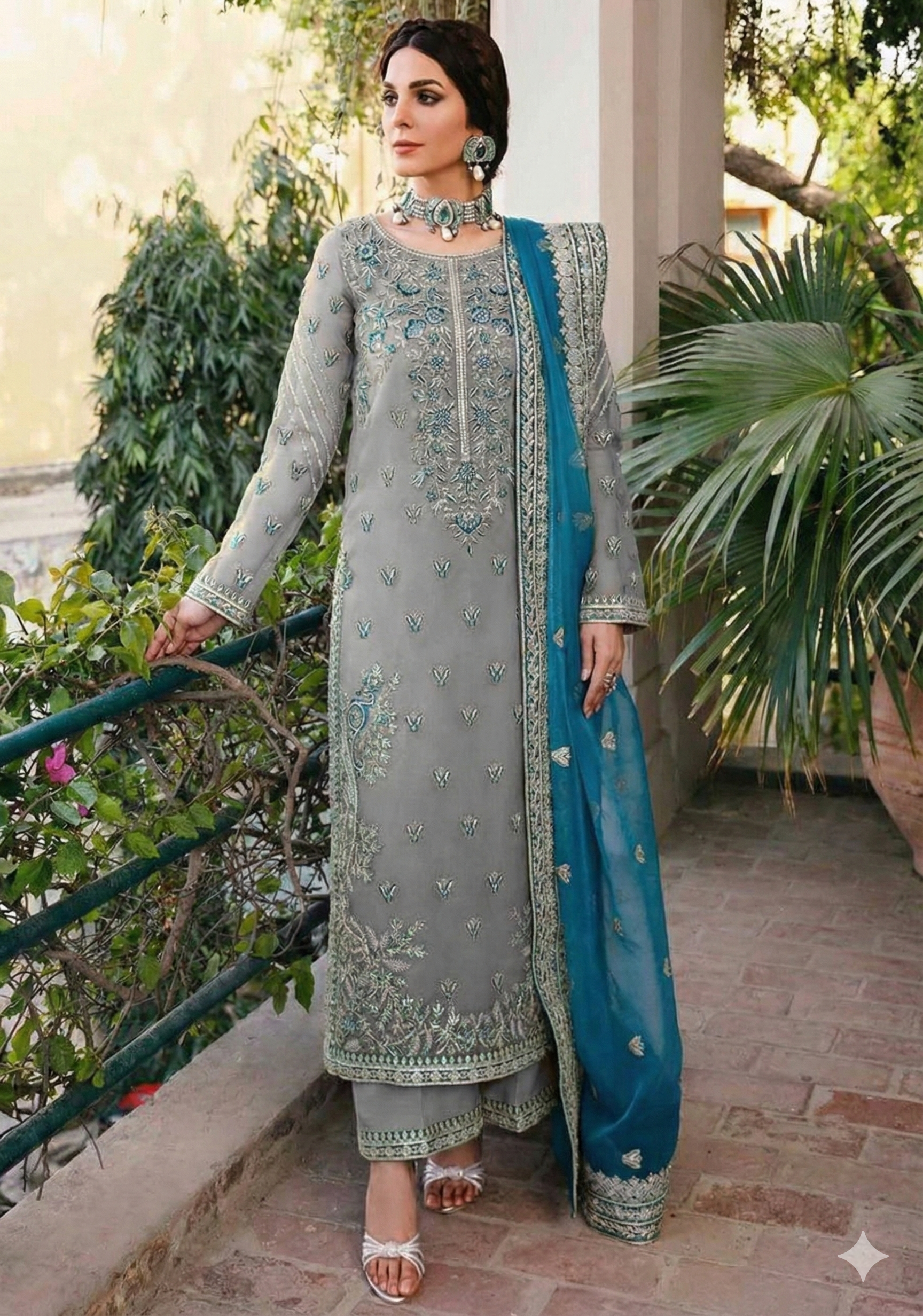 ZZ. Collection - Luxury Organza Wedding Edition (Grey & Greenish Blue Teal) - Heavy Adda Work & Sequence Embroidery – Unstitched 3 Piece Suit (EMB1004)