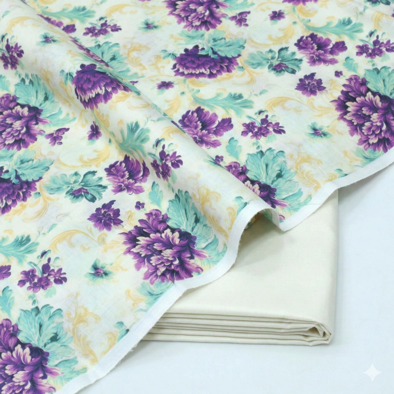 ZZ. Collection - Lawn Cambric Cotton (Cream Base - Green purple Floral Leaf) 2-Piece Suit (Summer Collection) - Digital Printed) (BL-02)