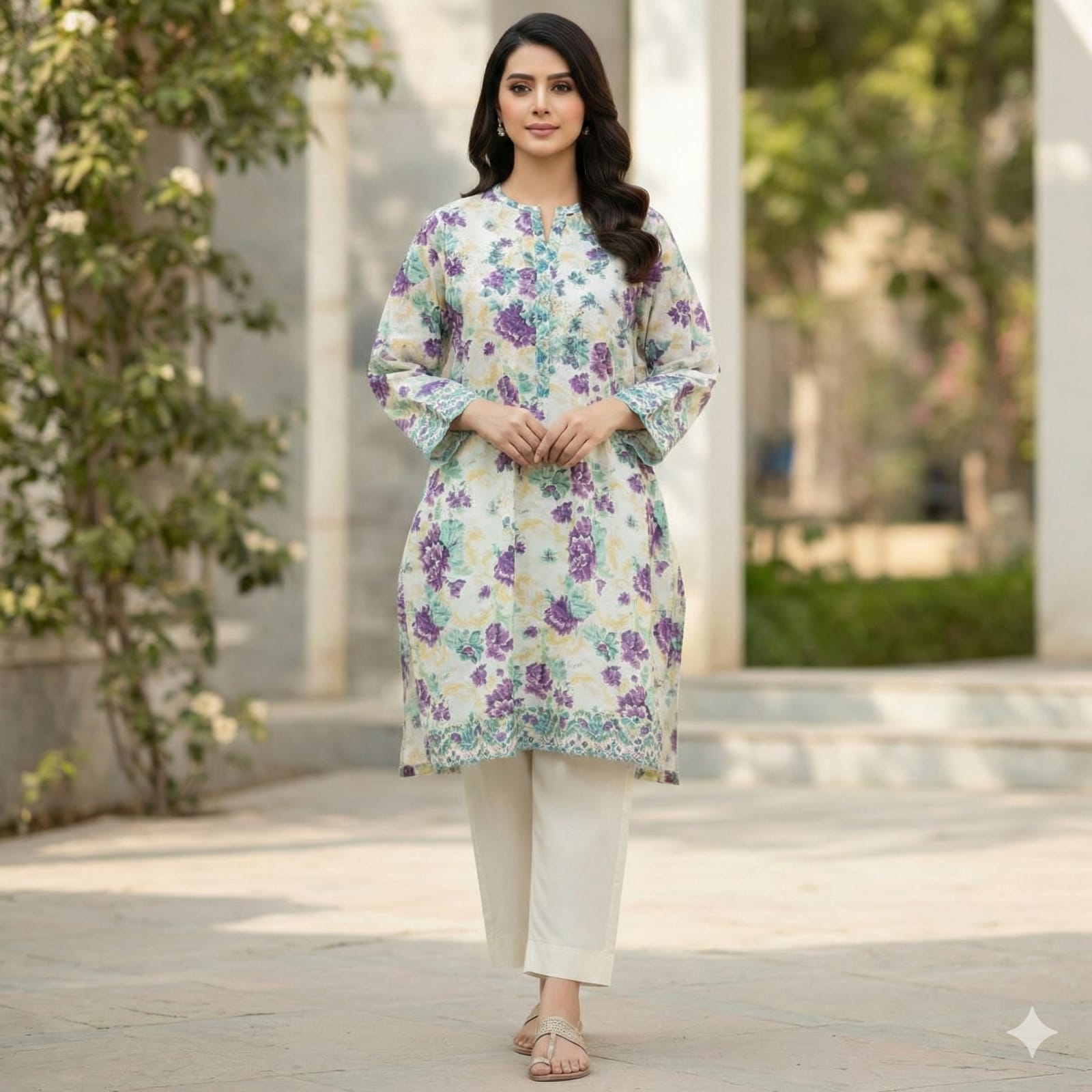 ZZ. Collection - Lawn Cambric Cotton (Cream Base - Green purple Floral Leaf) 2-Piece Suit (Summer Collection) - Digital Printed) (BL-02)