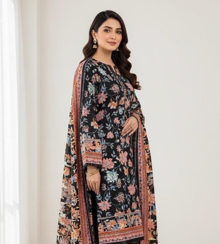 ZZ. Collection: Khaddar Black & Tea Pink Floral Printed 3-Piece Suit (Winter Collection) (Bin Saeed) (K1005)