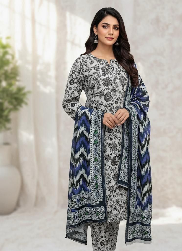 Zahra Zimal Collection: Khaddar Blue Printed 3-Piece Suit (Winter 2025 Collection) (Bin Saeed) (K1003)