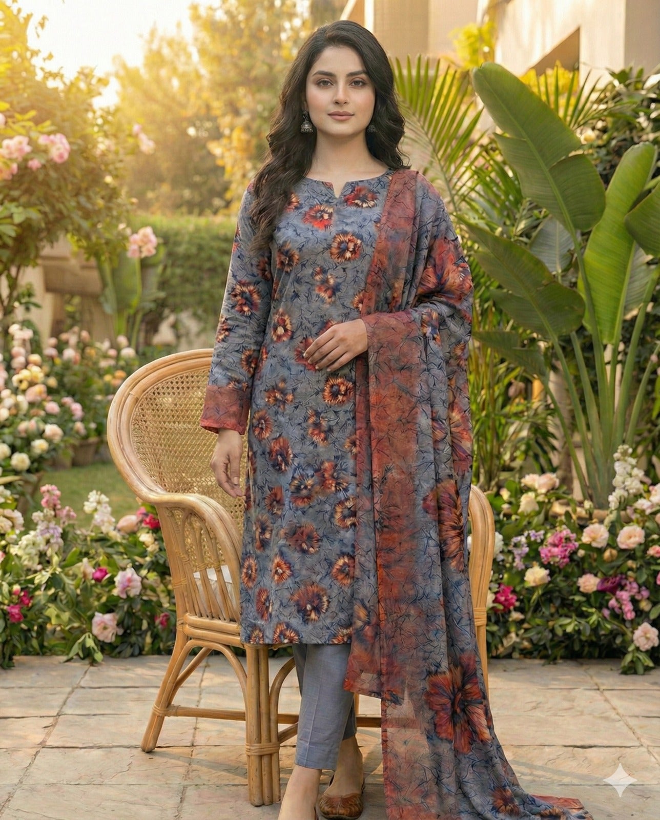 Zahra Zimal Collection: Kotrai Marina with Wool Shawl Grey Floral - 3 Piece Unstitched