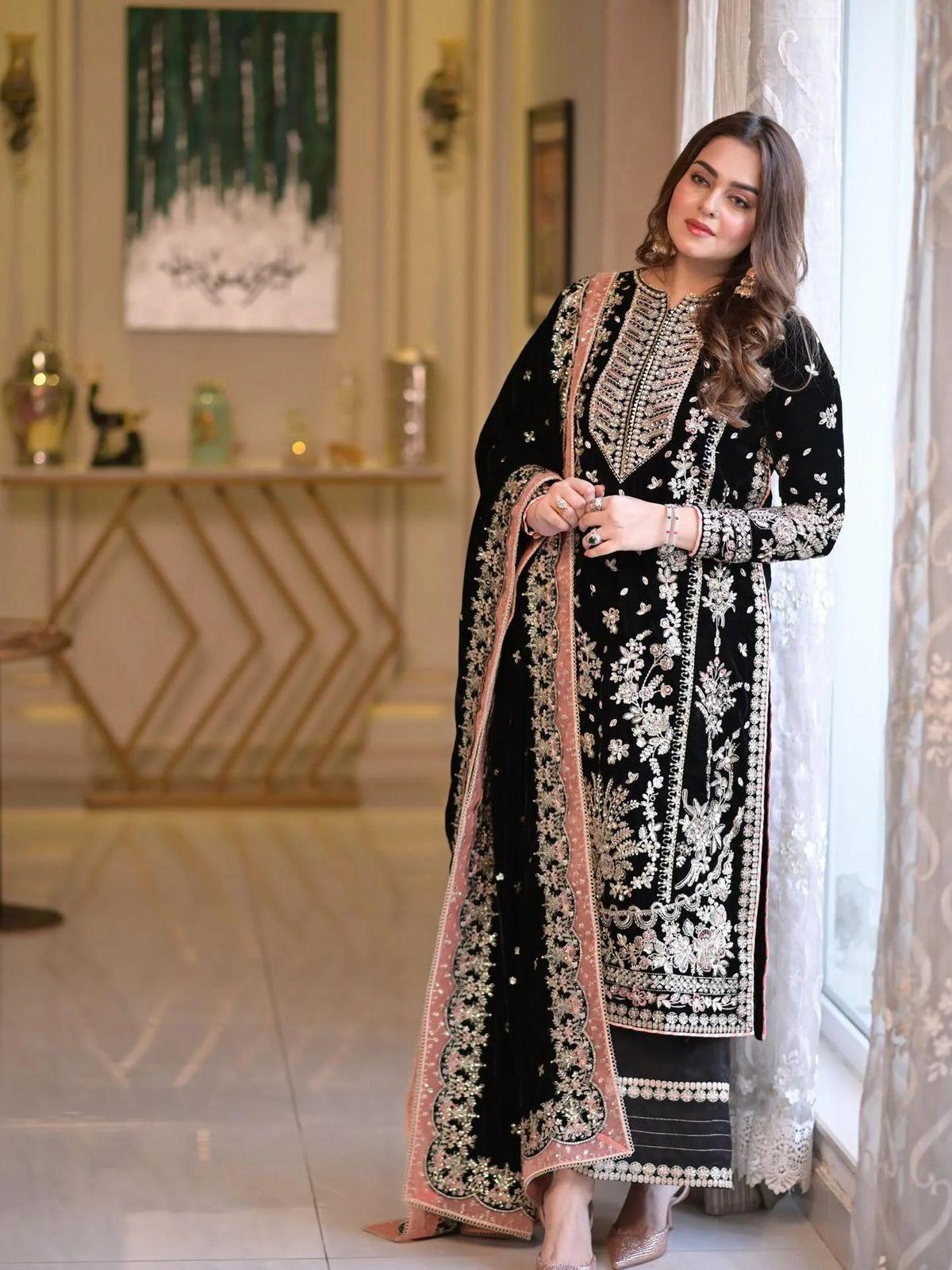 Luxury black unstitched velvet suit with chiffon embroidered dupatta and shamooz silk trouser