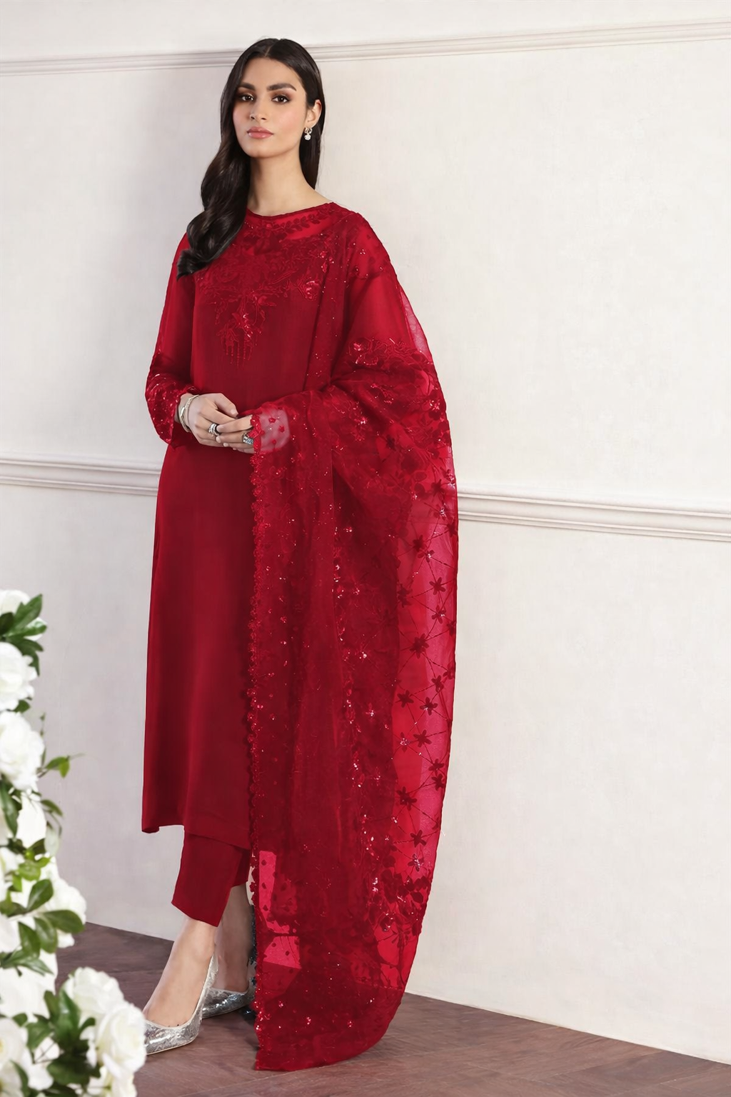 ZZ. Collection - Red Rust – Embroidered Chiffon Organza Silk Suit Unstitched 3 Piece Suit –  Embroidered Formal Wear (EMB1007)