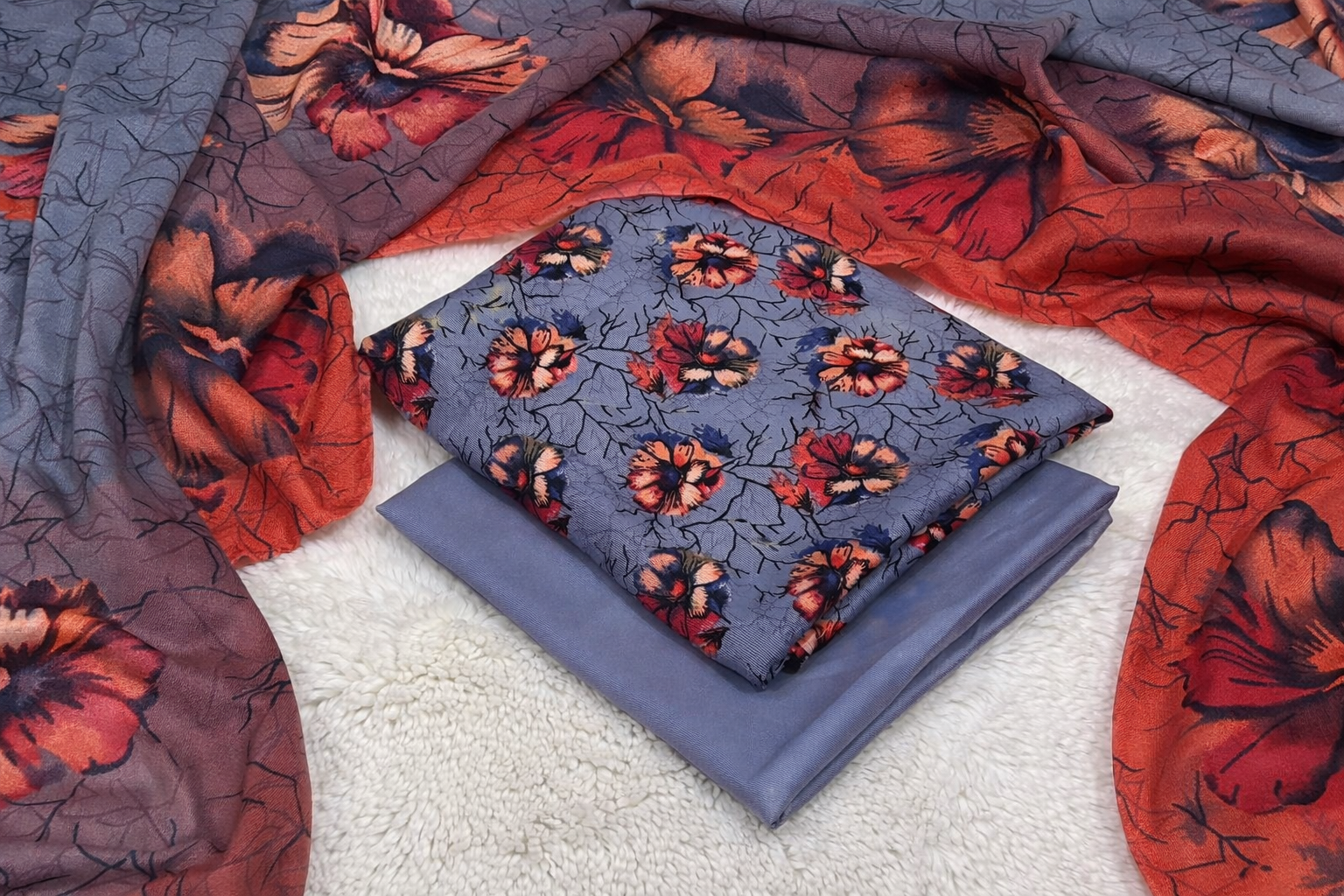 Zahra Zimal Collection: Kotrai Marina with Wool Shawl Grey Floral - 3 Piece Unstitched