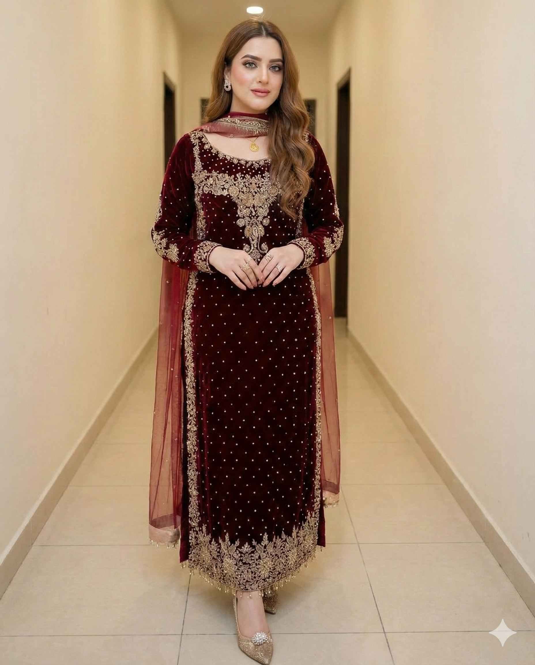 ZZ. Collection - Royal Maroon Velvet Heavy Adda Work Suit Unstitched 3 Piece Suit – Luxury Embroidered Formal Wear (EMB1002)