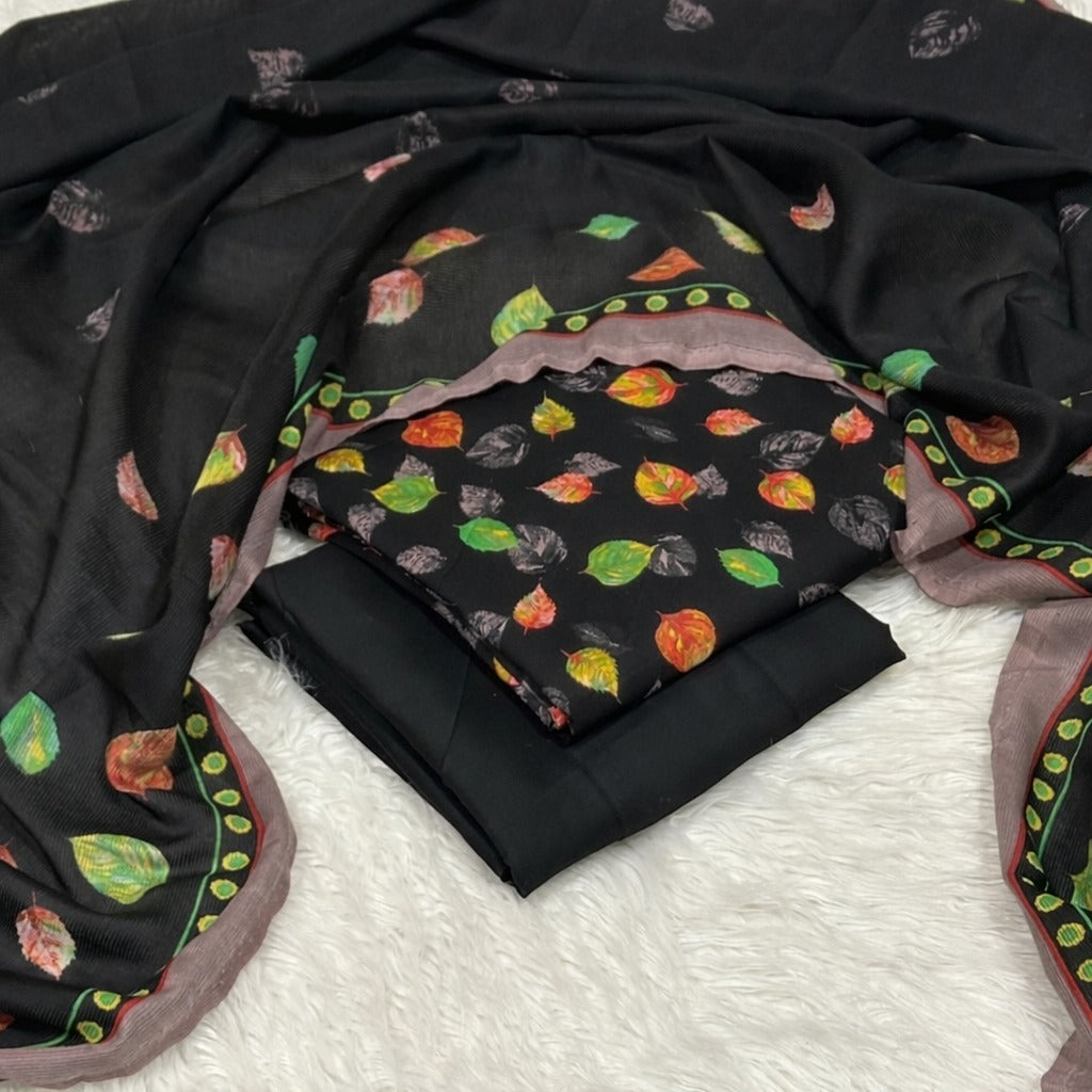 Zahra Zimal Collection: Kotrai Marina with Wool Shawl - Black Leaf Printed Suit - 3 Piece Unstitched (KT002)