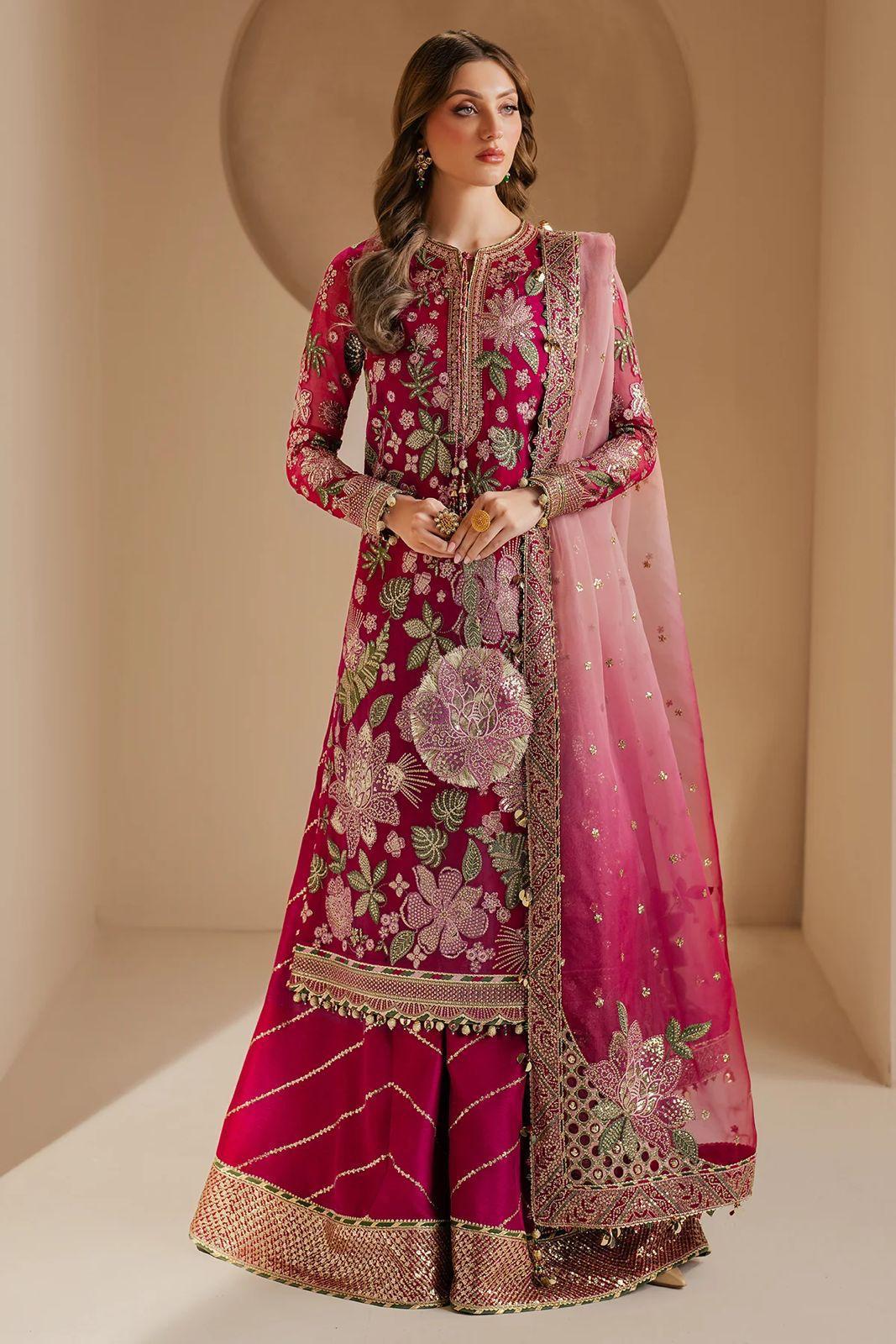 ZZ. Collection - Luxury Shocking Pink Magenta Chiffon Wedding Edition (With Tie & Dye Dupatta) Unstitched 3 Piece Suit – Luxury Embroidered Wedding Formal Wear (EMB1003)