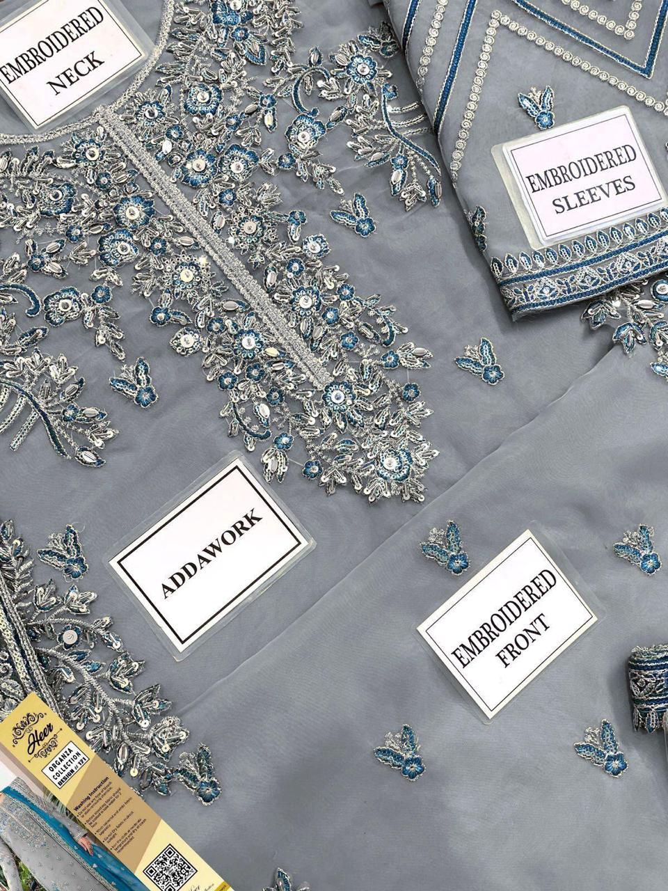 ZZ. Collection - Luxury Organza Wedding Edition (Grey & Greenish Blue Teal) - Heavy Adda Work & Sequence Embroidery – Unstitched 3 Piece Suit (EMB1004)