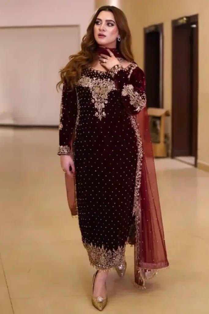 ZZ. Collection - Royal Maroon Velvet Heavy Adda Work Suit Unstitched 3 Piece Suit – Luxury Embroidered Formal Wear (EMB1002)