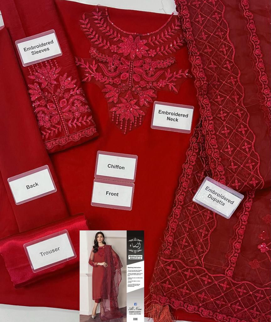 ZZ. Collection - Red Rust – Embroidered Chiffon Organza Silk Suit Unstitched 3 Piece Suit –  Embroidered Formal Wear (EMB1007)