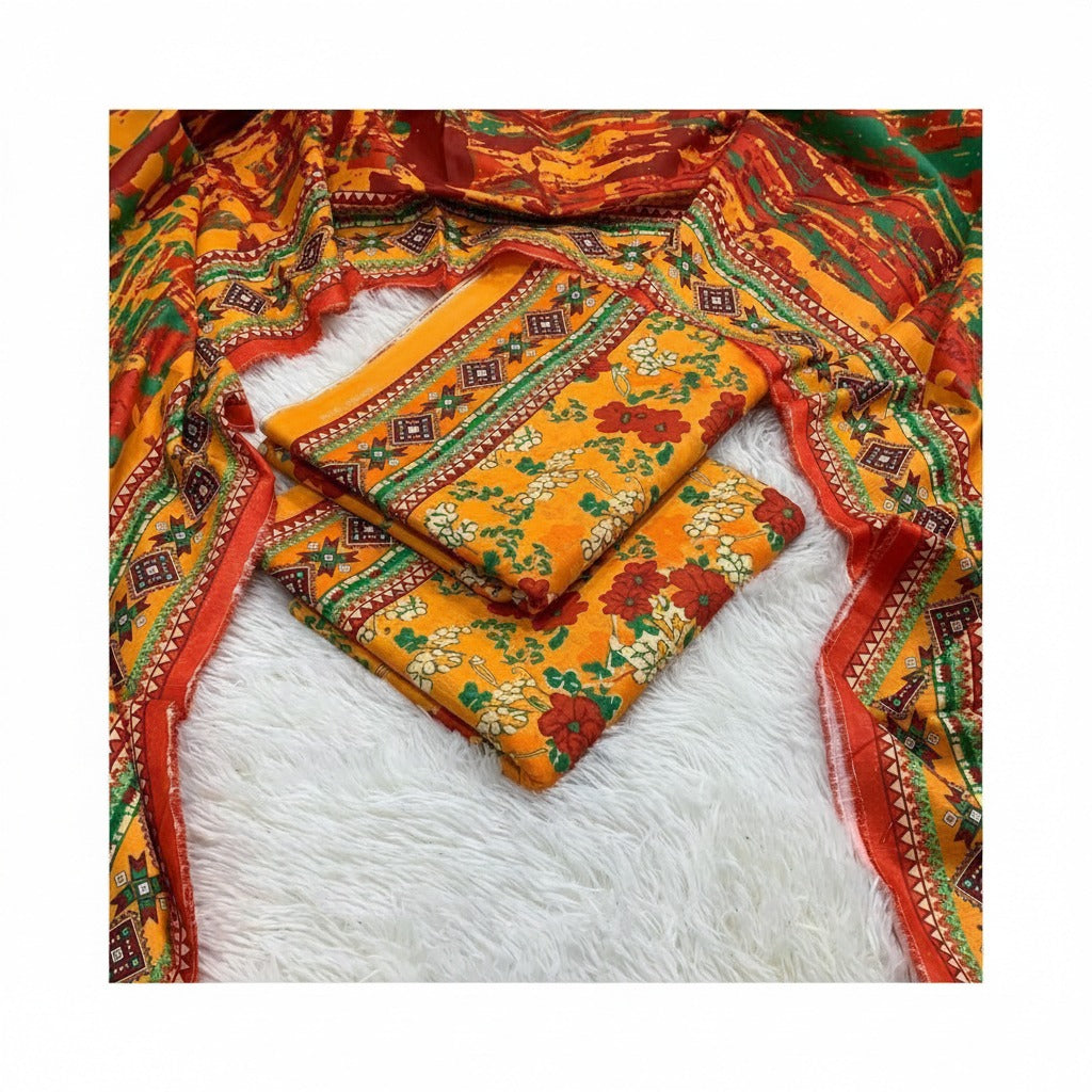 ZZ. Collection: Khaddar Mustard & Rust Red Printed 3-Piece Suit (Winter Collection) (Bin Saeed) (K1007)