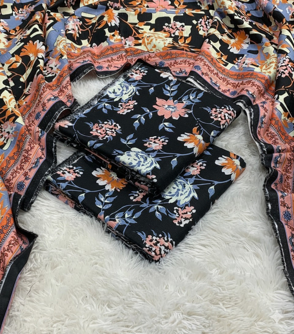 ZZ. Collection: Khaddar Black & Tea Pink Floral Printed 3-Piece Suit (Winter Collection) (Bin Saeed) (K1005)