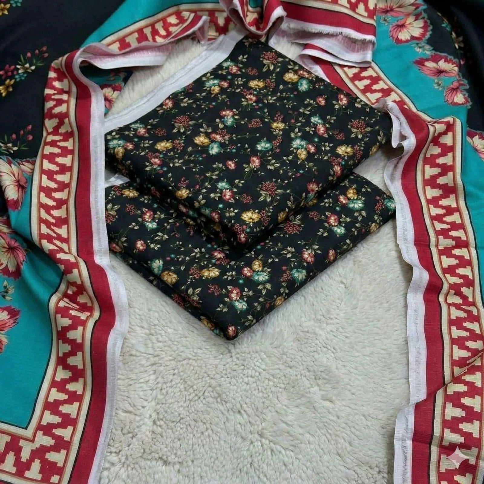 ZZ. Collection: Khaddar Black & Deep Teal Printed 3-Piece Suit (Winter Collection) (Bin Saeed) (K1006)